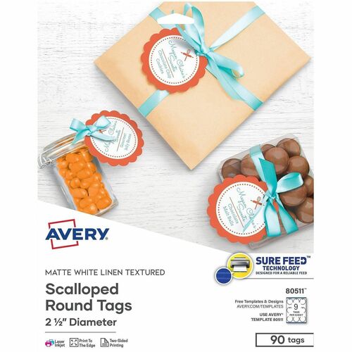 Avery  Tags, Round, Scalloped, Textured, 2-1/2" D, 90/PK, 5/CT, WE