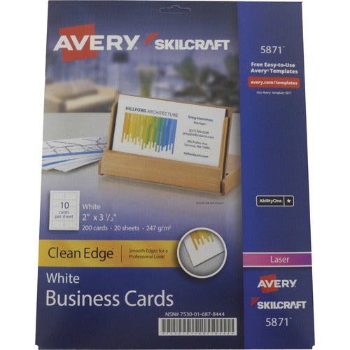 SKILCRAFT  Business Cards, Uncoated, 2-sided, 2"x3-1/2", 200/PK, White