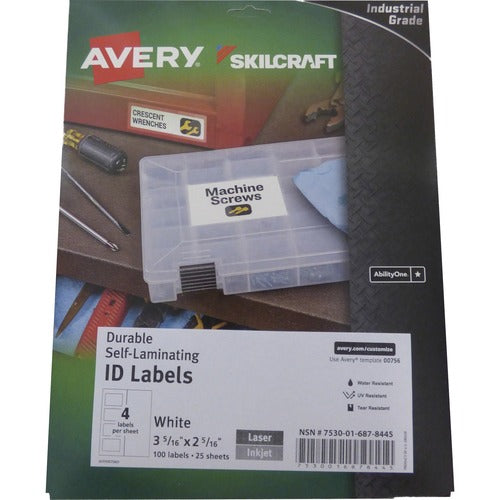SKILCRAFT  ID Labels, Self-laminating, 3-5/16"x2-5/16", 100/PK, WE