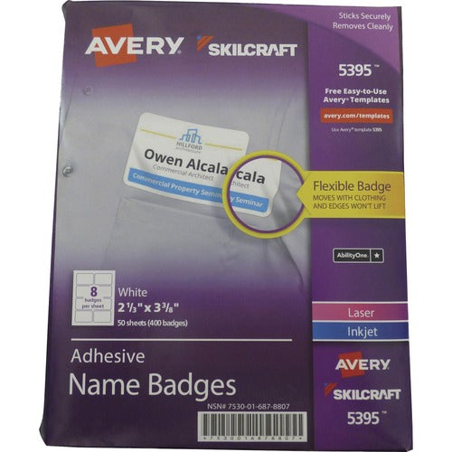 SKILCRAFT  Name Badges, Self-Adhesive, 2-1/2"x3-3/8", 400/PK, WE