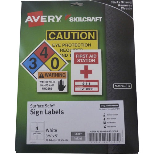 SKILCRAFT  Sign Labels, Removable, Laser/Inkjet, 3-1/2"x5", 60/BX, WE