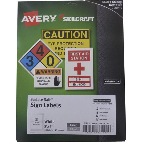 SKILCRAFT  Sign Labels, Removable, Laser/Inkjet, 5"x7", 30/BX, WE