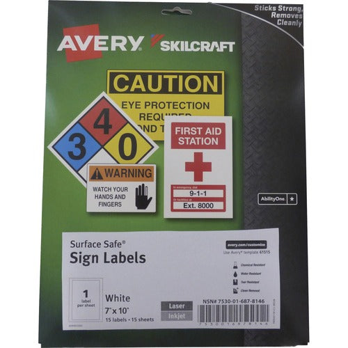 SKILCRAFT  Sign Labels, Removable, Laser/Inkjet, 7"x10", 15/BX, WE