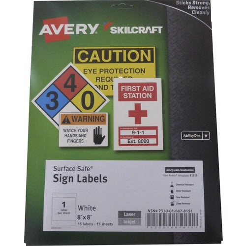 SKILCRAFT  Sign Labels, Removable, Laser/Inkjet, 8"x8", 15/BX, WE