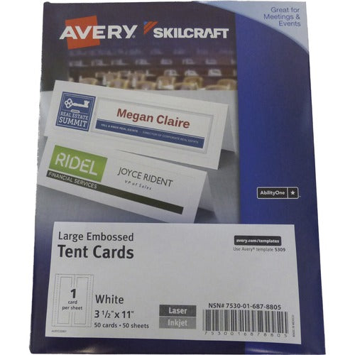 SKILCRAFT  Tent Cards, 2-Sided, Embossed, 3-1/2"x11", 50/PK, WE
