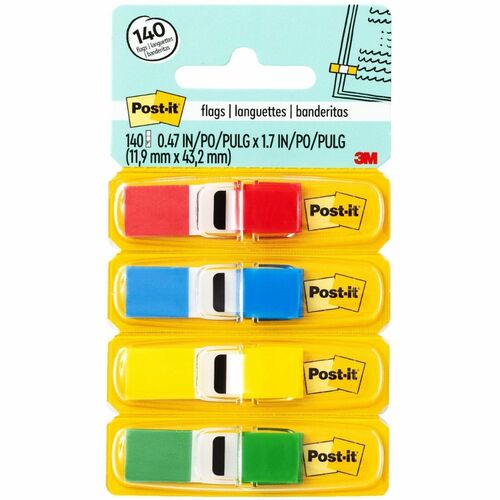 3M  Self-Stick Small Flags, 1/2"x1-3/4", 140/PK, BE/GN/RD/YW