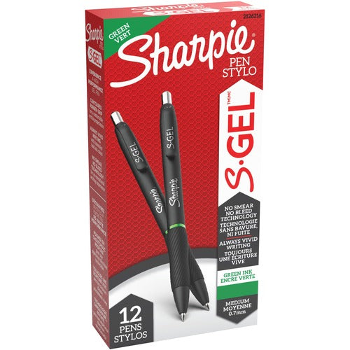 Newell Brands  Sharpie Pen, Gel, 0.7mm, 1 DZ, Green Ink/Black Barrel