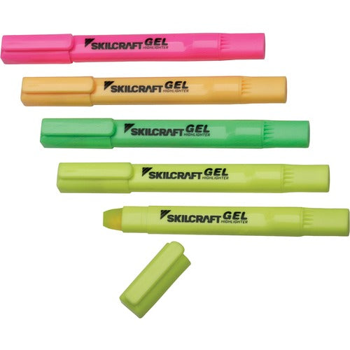 SKILCRAFT  Highlighters, Gel, w/Pocket Clip, 5/PK, YW/GN/OE/PK