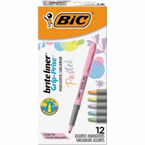 Bic  Highlighters,w/Grip,ChiselTip,w/PcktClp,NonToxic,1DZ,ASTPST