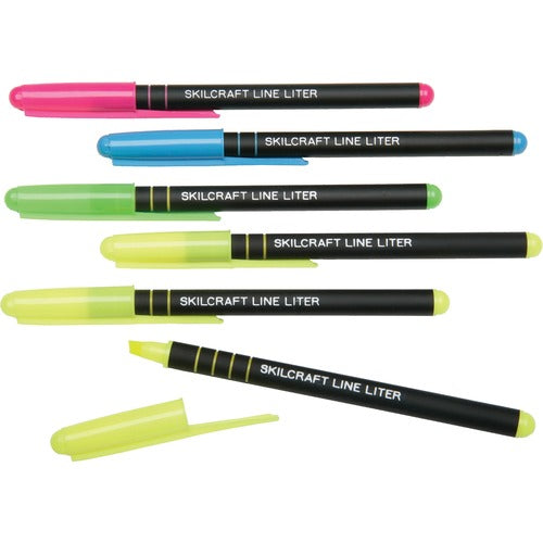 SKILCRAFT  Highlighters, Pocket, Chisel Tip, 6/PK, YW,PK/BE/GN