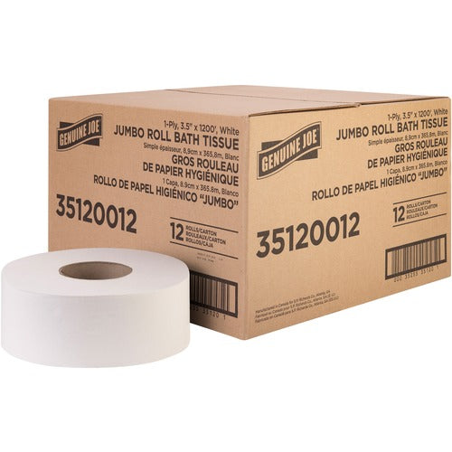 Genuine Joe  Bath Tissue Roll,Jumbo,1-Ply,3.63"x1200',8.88"Dia,12/CT, WE-GJO35120012