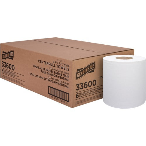 Genuine Joe  Centerpull Towel Rolls,7.65"x8.9",600Sht/RL,6RL/CT,White-GJO33600