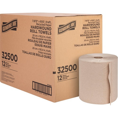 Genuine Joe  Hardwound Roll Towels,2"Core,7/7/8"x600',12RL/CT,Natural-GJO32500