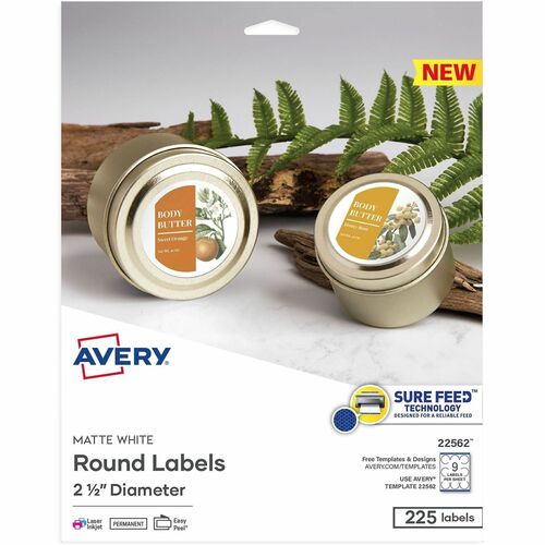 Avery  Labels,Round,Sure Feed,Perm,2-1/3"Dia,225/PK,Matte WE