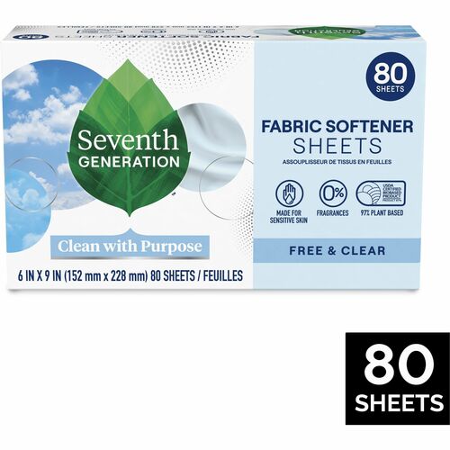 Seventh Generation  Laundry Dryer Sheets, Free&Clear, 80/BX, White