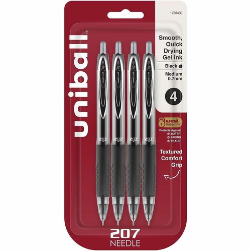 uni-ball Corporation  Gel Pen,Retractable,Needle Pt,0.7mm,4/PK,BK Barrel/BK Ink