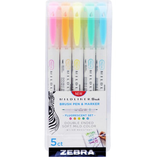 Zebra  Brush Pen and Marker, Fluorescent, 1/2"x7/10x5-3/5",5/PK,AST