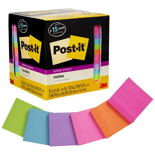 3M  Post-it Notes,Super Sticky,3"x3",45Sht/PD,15PD/PK,AST