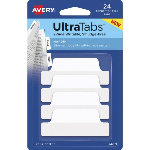 Avery  Tabs,Ultra,2-Side Writable,Margin,2-1/2"x1",24/PK,White