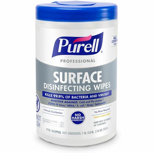 Gojo  Wipes,Disinfecting,f/Surfaces,No Rinse,7"x8",110/Tub,WE-GOJ934206