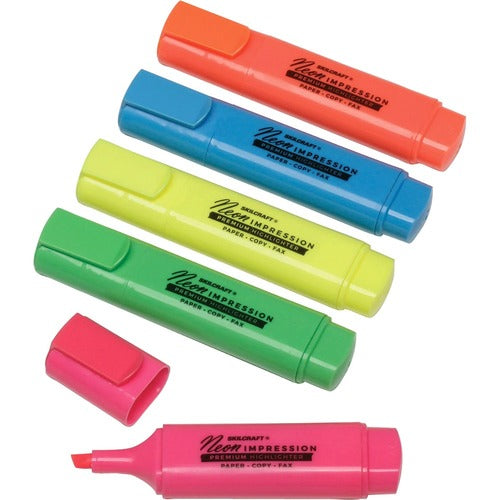 SKILCRAFT  Highlighter,Chisel Tip,Flat Barrel,Pocket Clip,4/PK,Assorted