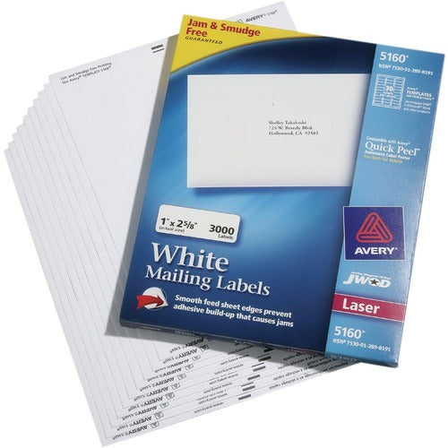 SKILCRAFT  Laser Labels, 1"x2-5/8", Self-Adhesive, 3000/BX, White