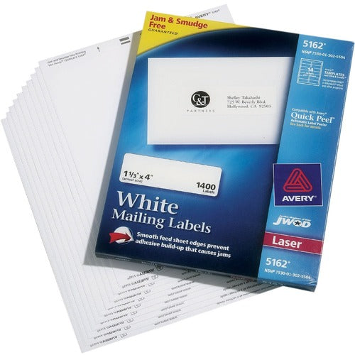 SKILCRAFT  Laser Labels, 1-1/3"x4", Self-Adhesive, 1400/BX, White