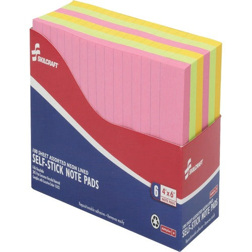 SKILCRAFT  Self-Stick Note Pad, Lined, 100 Shts, 4"x6", 6/PK, AST Neon