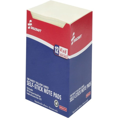 SKILCRAFT  Self-Stick Note Pads, Lined, 100 Sht, 4"x6", YW