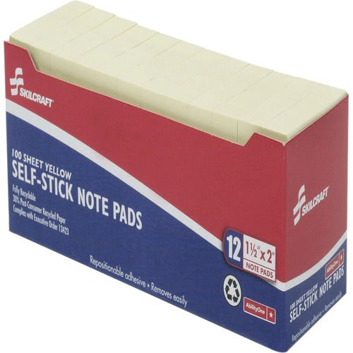 SKILCRAFT  Self-Stick Note Pads, Plain, 100 Sht, 1-1/2"x2", 12/PK, YW