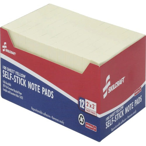 SKILCRAFT  Self-Stick Note Pads, Plain, 100 Sht, 2"x3", YW