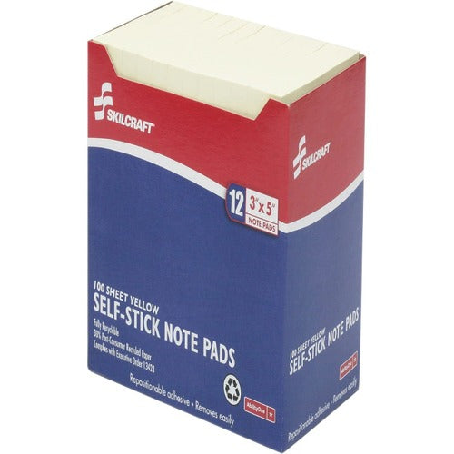 SKILCRAFT  Self-Stick Note Pads, Plain, 100 Sht, 3"x5", YW