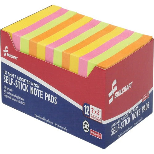 SKILCRAFT  Self-Stick Note Pads,2"x3",100 Sheets, AST Neon