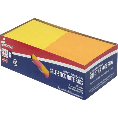 SKILCRAFT  Self-Stick Note Pads,3"x3", 100 Sheets/Pad, 6/PK, AST Neon