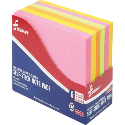 SKILCRAFT  Self-Stick Note Pads,3"x5", 100 Sheets/Pad, 6/PK, AST Neon