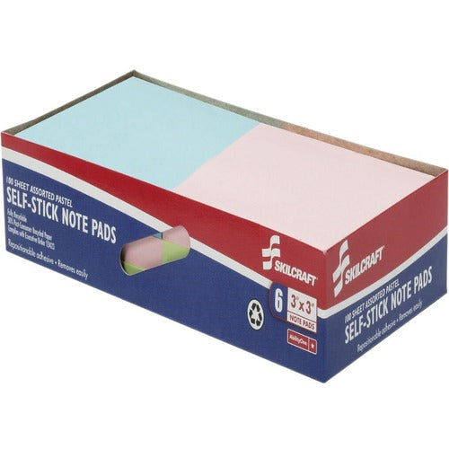 SKILCRAFT  Self-Stick Notepads, 100 Sht, Plain, 3"x3", 6/PK, AST Pastel