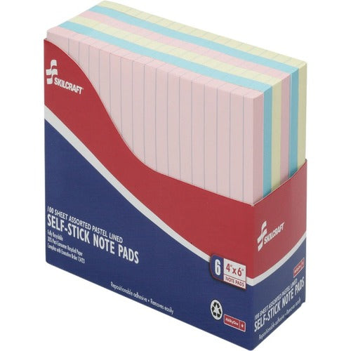 SKILCRAFT  Self-Stick Notepads,Ruled,100 Shts/Pad,4"x6",6/PK,AST Pastel