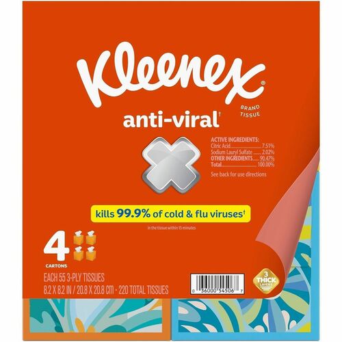 Kimberly-Clark Professional  Facial Tissues, 3-Ply, Anti-Viral, 55/BX, 4BX/PK, White