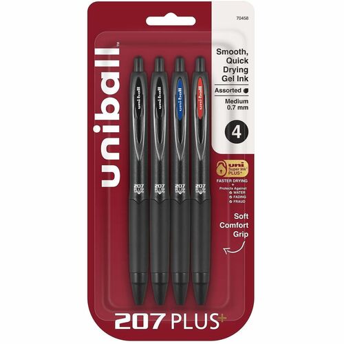 uni-ball Corporation  Pen,Gel,207Plus,Retractable,0.7mm,4/PK,AST Ink/Black Barrel