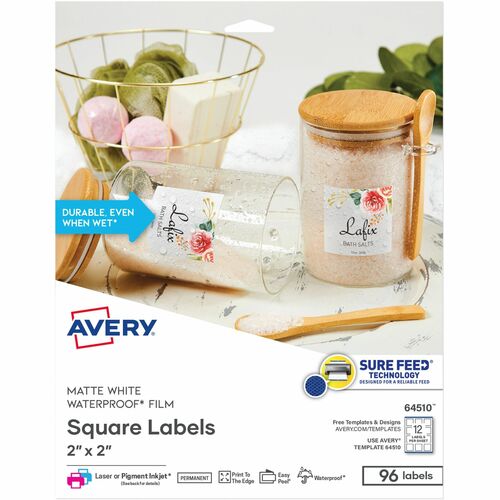 Avery  Labels,Waterproof,Square,Poly,2"x2",96/PK,White