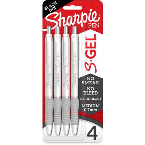 Newell Brands  Sharpie Pen, Gel, 0.7mm, 4/PK, Black Ink/White Barrel