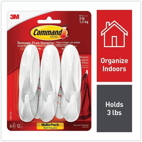 3M  Designer Hooks, Medium, Plastic, White, 3 lb Capacity, 6 Hooks and 12 Strips/Pack