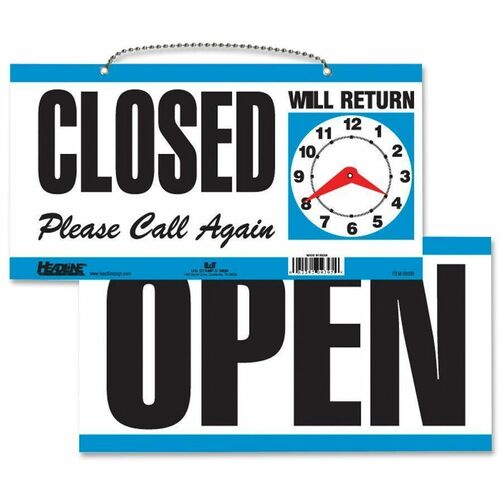 Headline Signs  Sign, "Open/Closed", w/Clock Hands, 11-1/2"x6", White/Blue-HDS9395