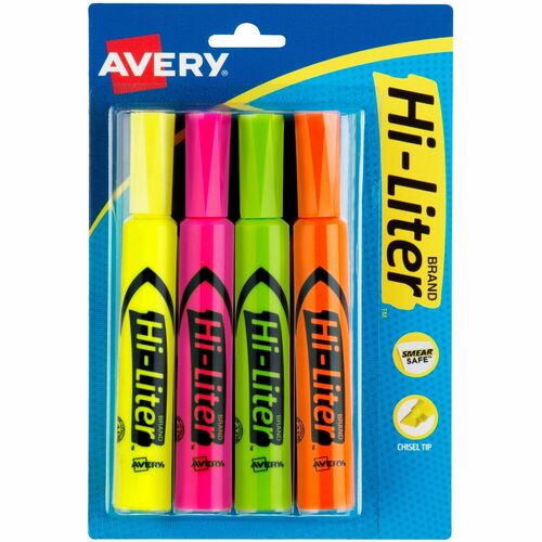 Avery  Highlighters, Chisel Tip, Quick Drying, 4/PK,YW/PK/OE/GN
