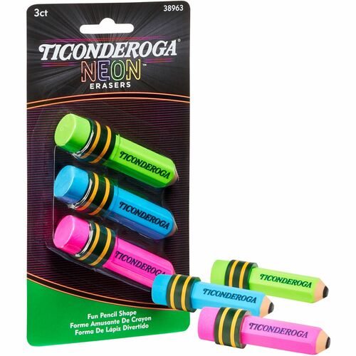 Dixon Ticonderoga Company  Eraser, Pencil-Shaped, 3/PK, Neon AST Barrel/ Top-DIXX38963