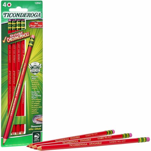 Dixon Ticonderoga Company  Pencils,Erasable,w/Eraser,4/BX,Carmine Red Lead/Barrel-DIXX13941