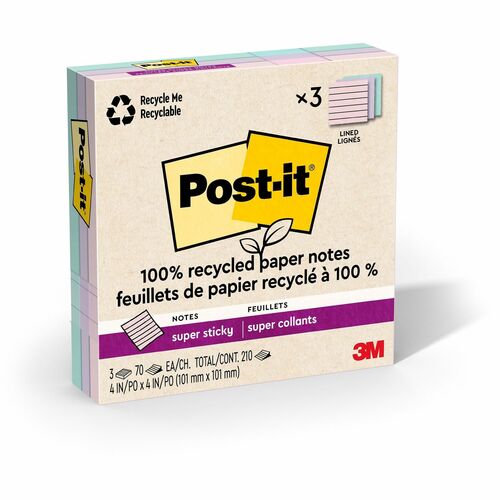 3M  Super Sticky Pads,Lined,4"x4",70 SHT/PD,3PD/PK,Pastel AST