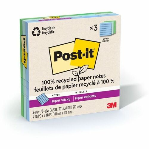 3M  Super Sticky Pads,Lined,4"x4",70 SHT/PD,3PD/PK,Oasis AST