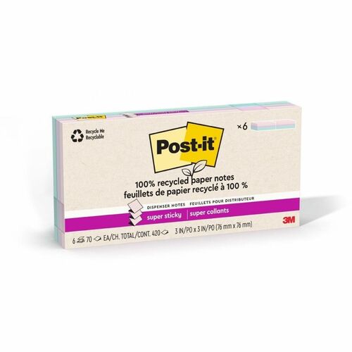 3M  Super Sticky Pads,Pop-up,3"x3",70 SHT/PD,12PD/PK,Pastel AST