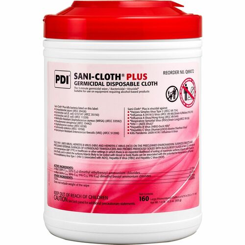 PDI HC  Cleaning Wipes, Germicidal, Large, 6"x6-3/4", 160 Wipes